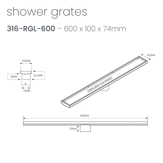 Radiant Tile Insert Linear Shower Grate - 600 mm length + 74mm outlet - Brushed Bronze