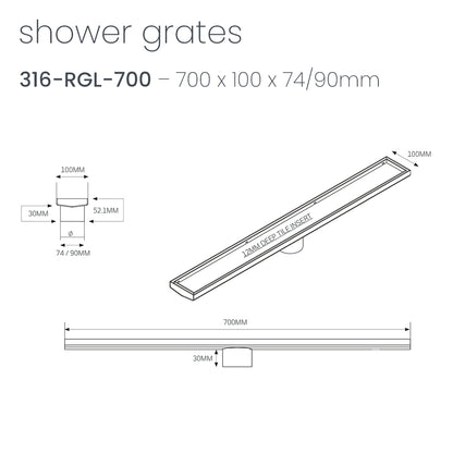 Radiant Tile Insert Linear Shower Grate - 700 mm length + 74mm outlet - Gunmetal Grey