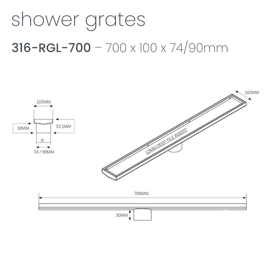 Radiant Tile Insert Linear Shower Grate - 700 mm length + 74mm outlet - Gunmetal Grey