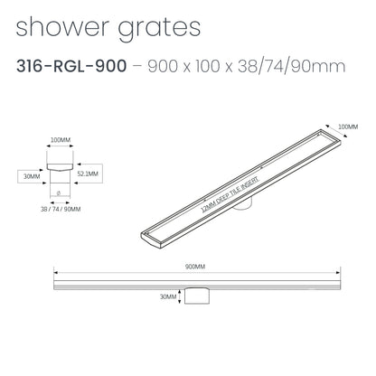 Radiant Tile Insert Linear Shower Grate - 900 mm length + 74mm outlet - WARM Brushed Nickel