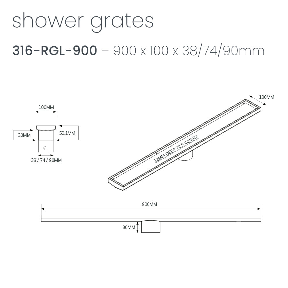 Radiant Tile Insert Linear Shower Grate - 900 mm length + 74mm outlet - Brushed Satin