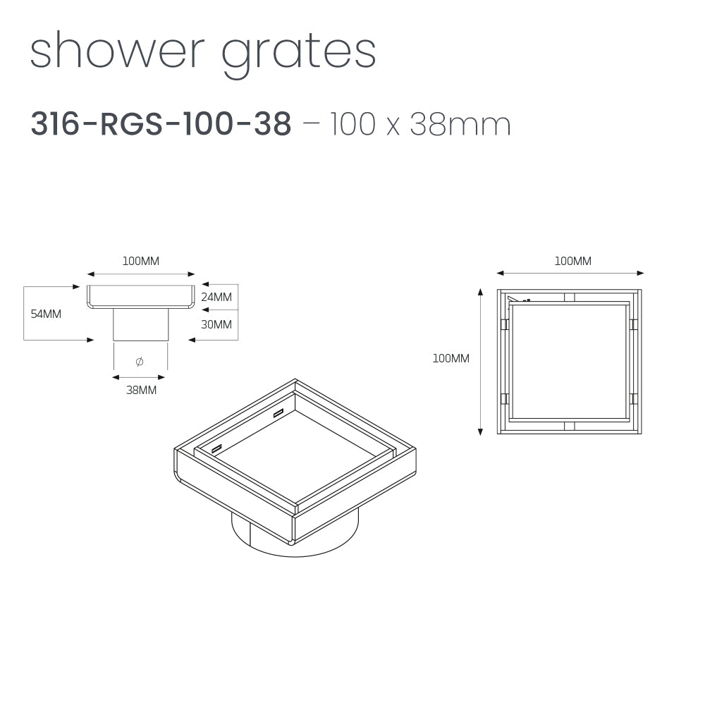 Radiant Tile Insert Square Shower Grate - 100 mm + 38mm outlet - Matt Black