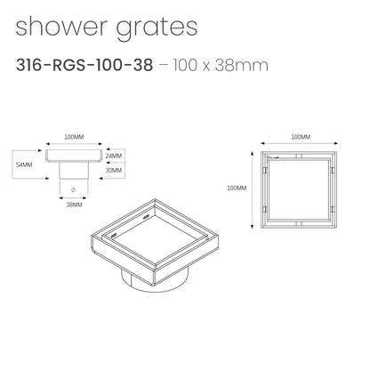 Radiant Tile Insert Square Shower Grate - 100 mm + 38mm outlet - Matt Black
