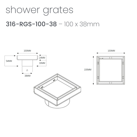 Radiant Tile Insert Square Shower Grate - 100 mm + 38mm outlet - Brushed Gold