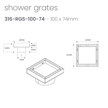 Radiant Tile Insert Square Shower Grate - 100 mm + 74mm outlet - Brushed Gold