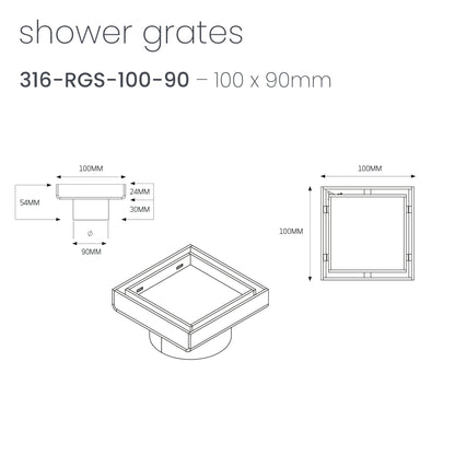Radiant Tile Insert Square Shower Grate - 100 mm + 90mm outlet - Brushed Satin