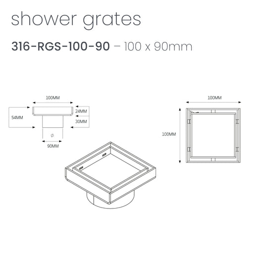 Radiant Tile Insert Square Shower Grate - 100 mm + 90mm outlet - Brushed Satin