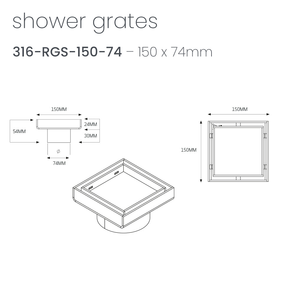 Radiant Tile Insert Square Shower Grate - 150 mm + 74mm outlet - Brushed Satin