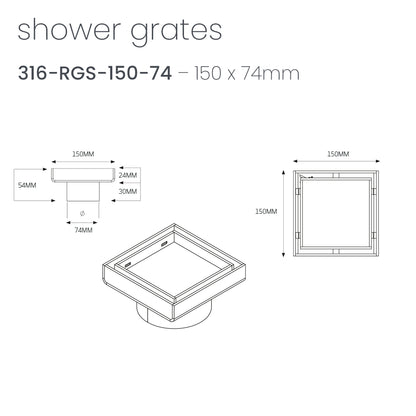 Radiant Tile Insert Square Shower Grate - 150 mm + 74mm outlet - Brushed Satin