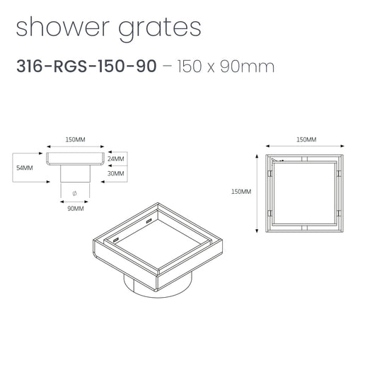 Radiant Tile Insert Square Shower Grate - 150 mm + 90mm outlet - Brushed Satin