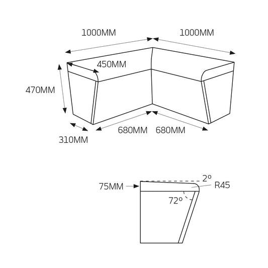 Radiant Pack of 1 - Thermasheet corner shower seat 1000 x 450 x 470 mm