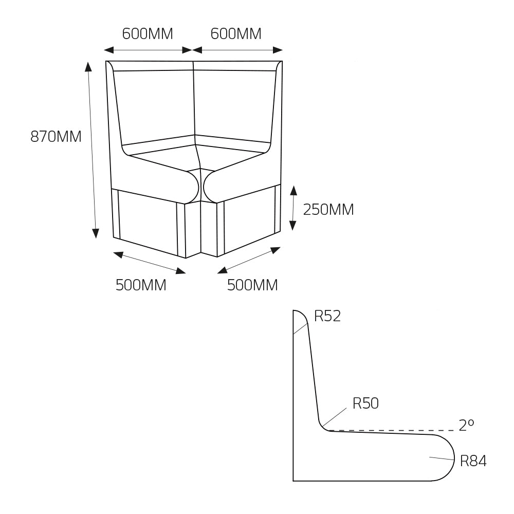 Radiant Pack of 1 - Thermasheet curved corner shower seat with back 600 x 600 x 870 mm