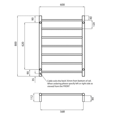 Radiant Polished Chrome 600 x 800mm Round HEATED Towel Rail RIGHT