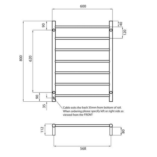 Radiant Low Voltage Brushed Satin 600 x 800mm Round HEATED Towel Rail RIGHT