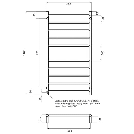 Radiant Polished Chrome 600 x 1100mm Round HEATED Towel Rail LEFT