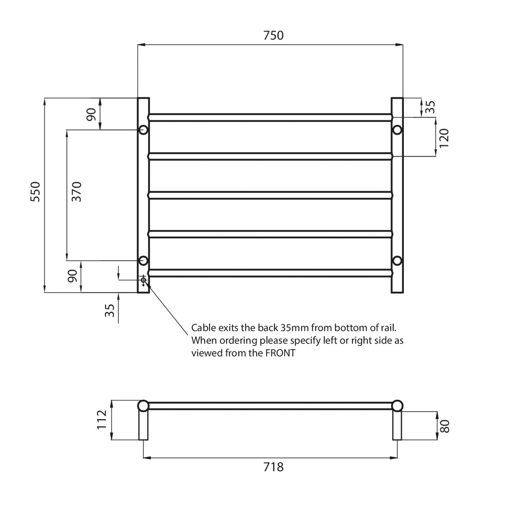 Radiant Low Voltage Polished 750 x 550mm Round HEATED Towel Rail LEFT
