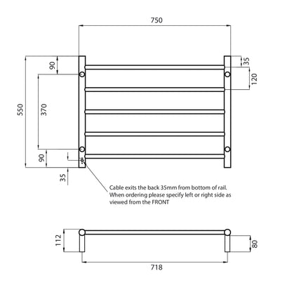 Radiant Low Voltage Polished 750 x 550mm Round HEATED Towel Rail LEFT