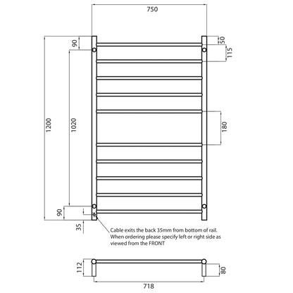 Radiant Polished Chrome 750 x 1200mm Round HEATED Towel Rail RIGHT