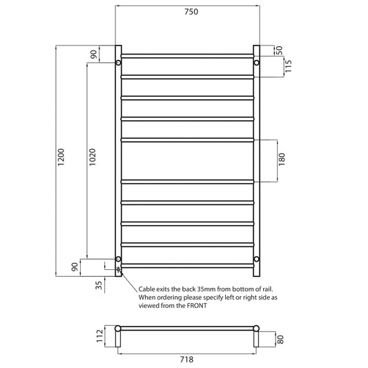 Radiant Polished Chrome 750 x 1200mm Round HEATED Towel Rail RIGHT