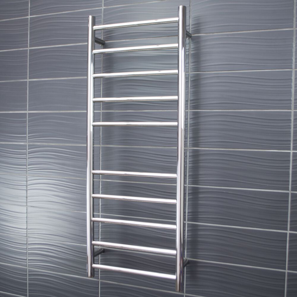 Radiant Low Voltage Polished 430 x 1100mm Round HEATED Towel Rail RIGHT