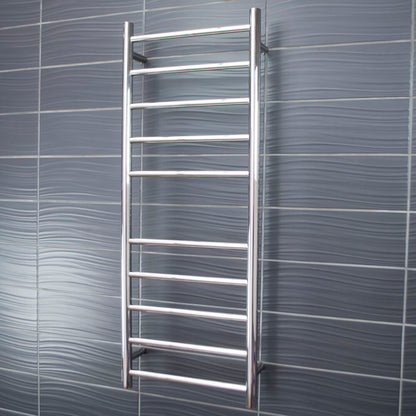 Radiant Low Voltage Polished 430 x 1100mm Round HEATED Towel Rail RIGHT
