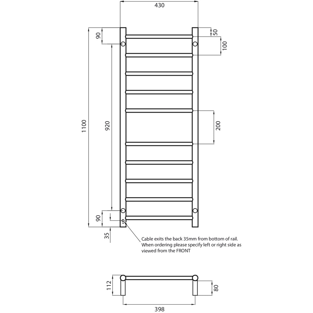 Radiant Low Voltage Polished 430 x 1100mm Round HEATED Towel Rail RIGHT