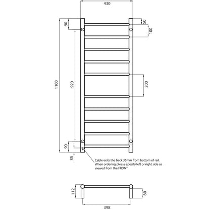 Radiant Low Voltage Polished 430 x 1100mm Round HEATED Towel Rail LEFT