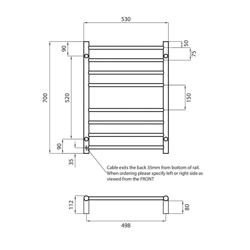 Radiant Matt Black 530 x 700mm Round NON-HEATED Towel Rail