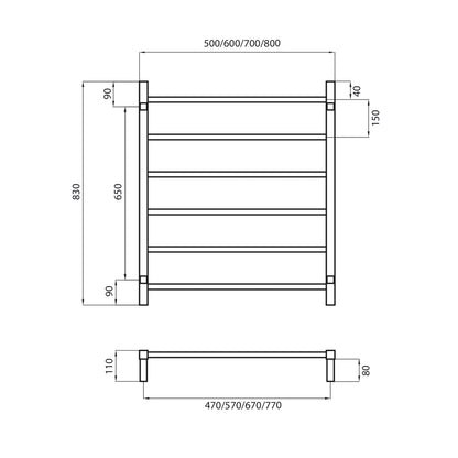 Radiant Matt Black 700 x 830mm Square NON-HEATED Towel Rail