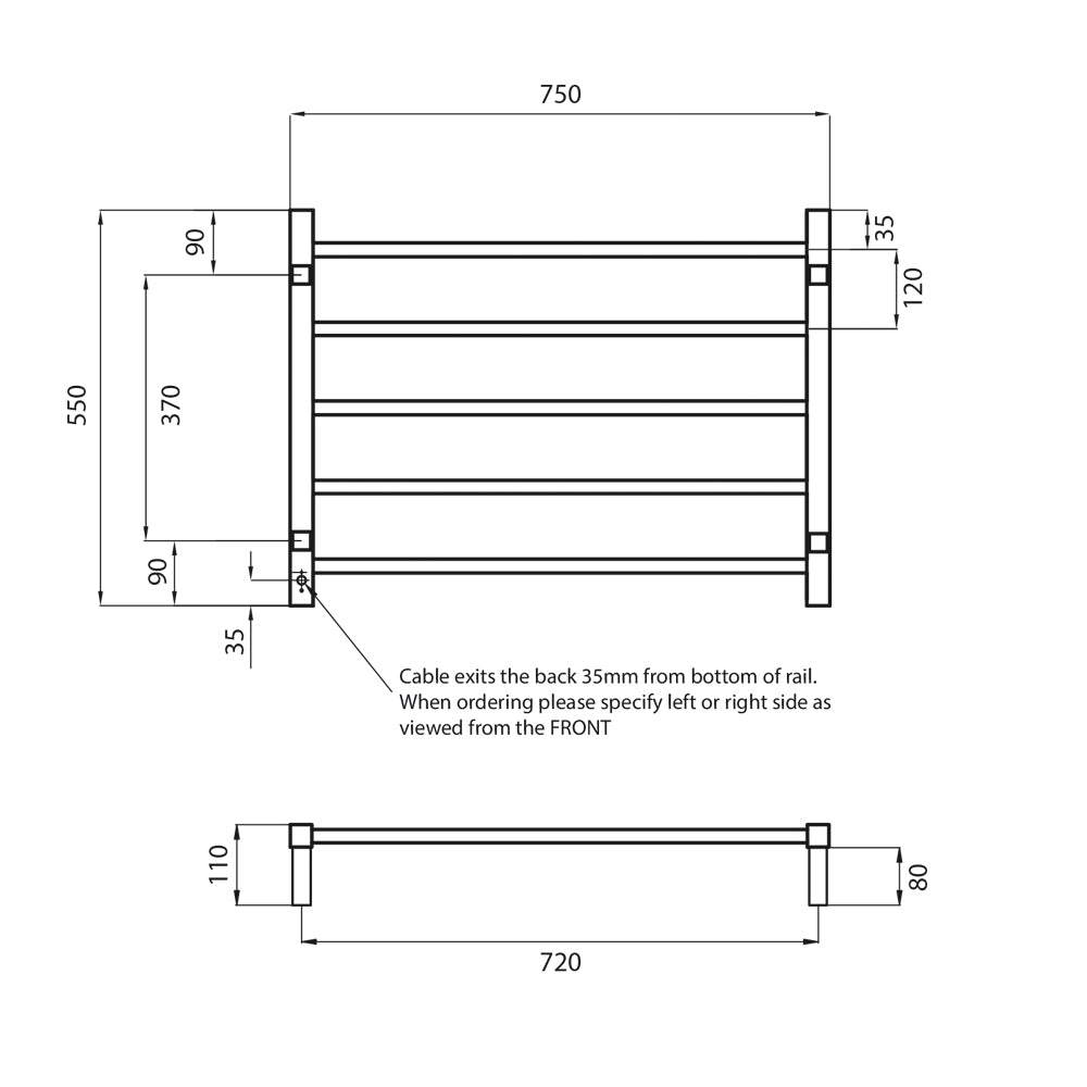 Radiant Polished Chrome 750 x 550mm Square HEATED Towel Rail LEFT