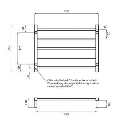 Radiant Polished Chrome 750 x 550mm Square HEATED Towel Rail LEFT