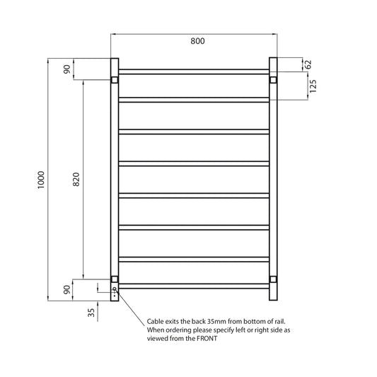 Radiant Matt Black 800 x 1000mm Square HEATED Towel Rail RIGHT
