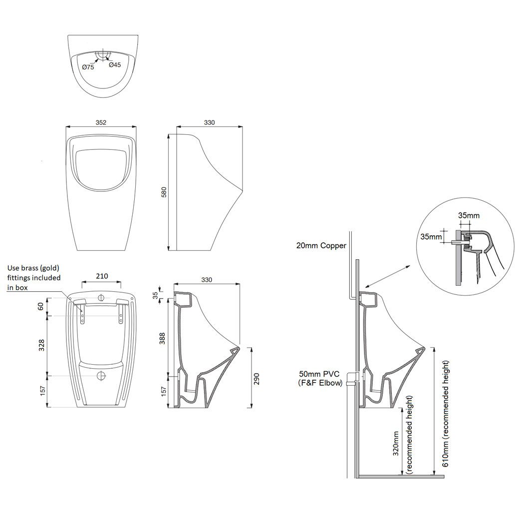 Teide Ceramic Urinal - Back Inlet