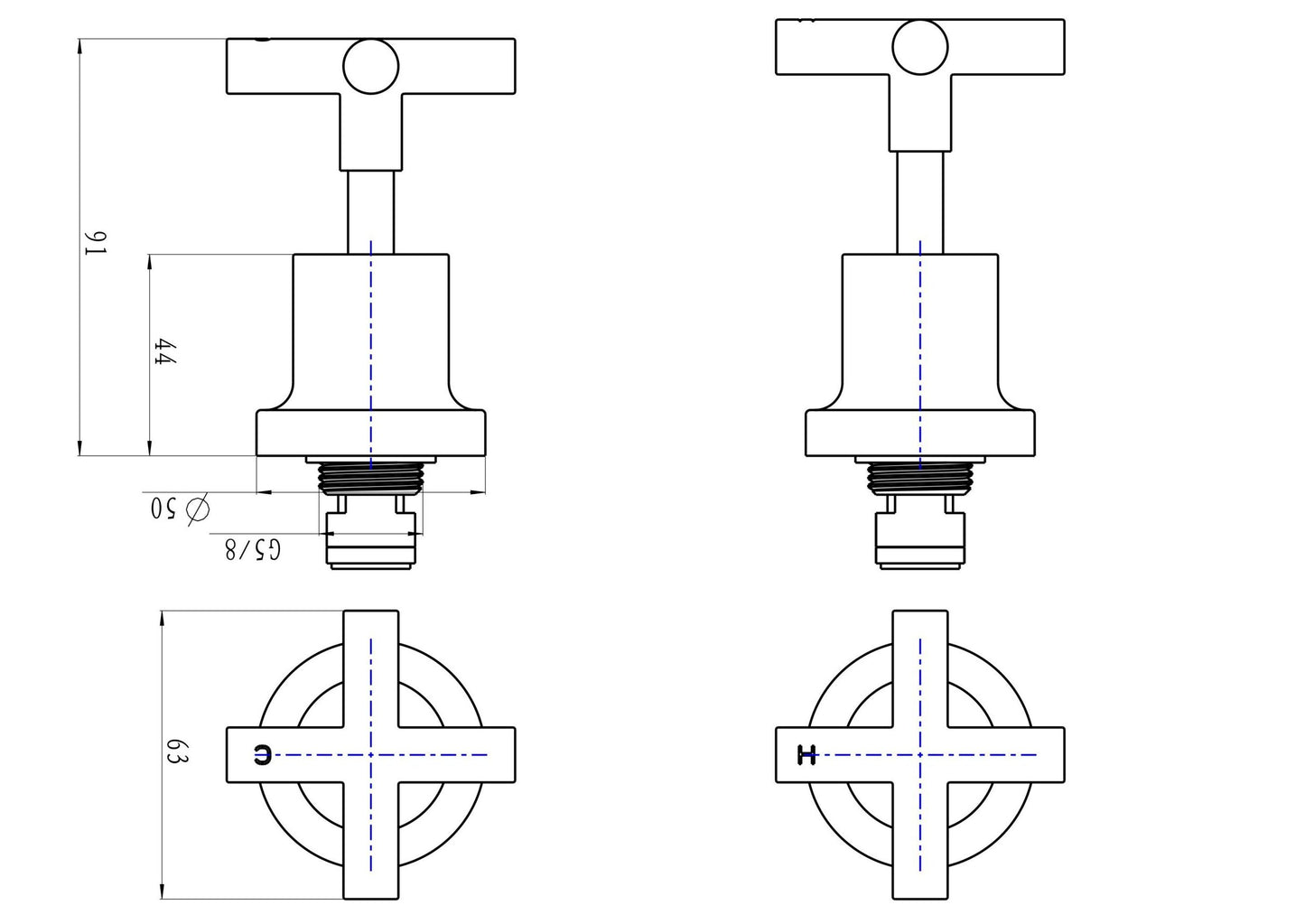 Tre Cross Handle Wall Top Assemblies - Chrome