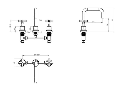Tre Cross Handle Basin Set - Brushed Brass