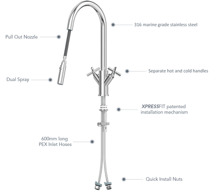 X-GEN 316 Stainless Steel Gooseneck XPRESSFIT retractable tap with cross handles Chrome