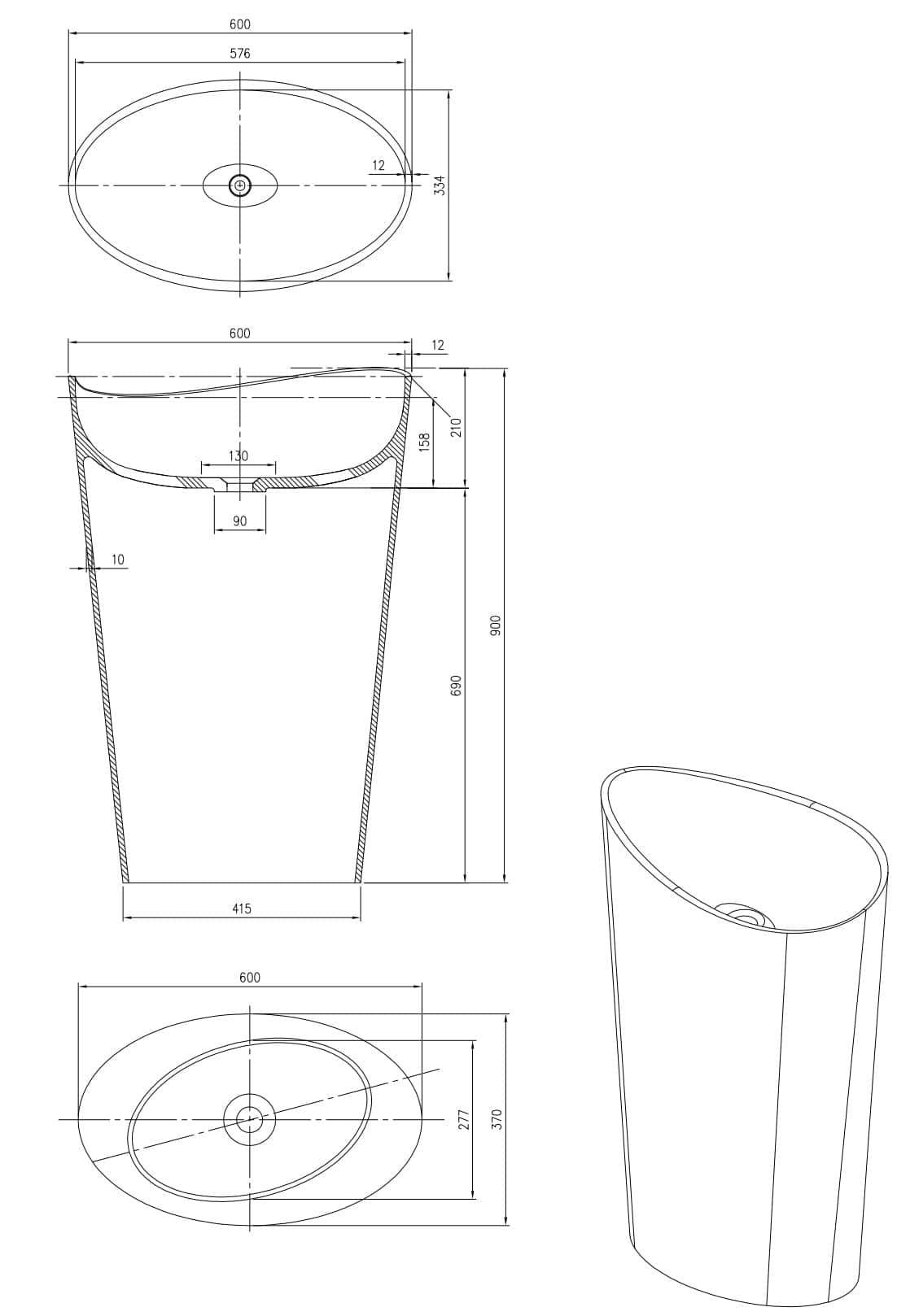 600mm Pietra Bianca - Wave Freestanding Basins